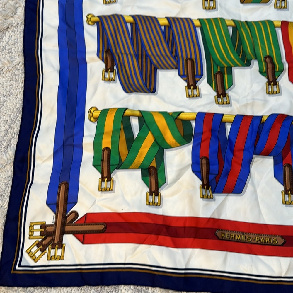 Hermes Multicolor Silk Scarf with Navy, Green, Gold and Red Accents - Picture 6 of 12
